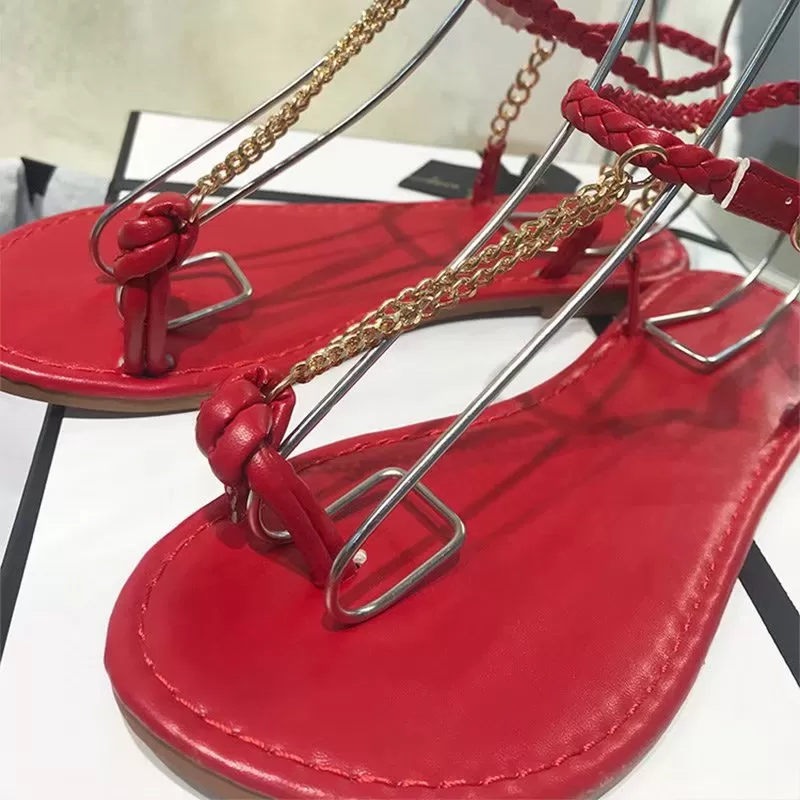 Summer Rome Sandals Flat Weave Metal Chain Design Open Toe Sexy Buckle