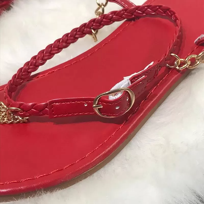 Summer Rome Sandals Flat Weave Metal Chain Design Open Toe Sexy Buckle