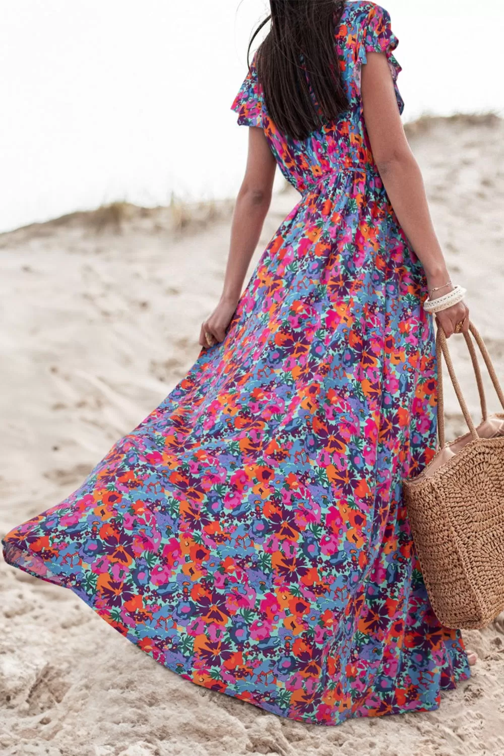 Sunset Vacation Slit Printed Cap Sleeve Maxi Dress