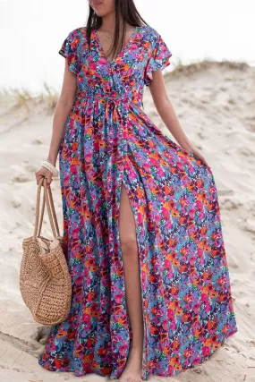 Sunset Vacation Slit Printed Cap Sleeve Maxi Dress