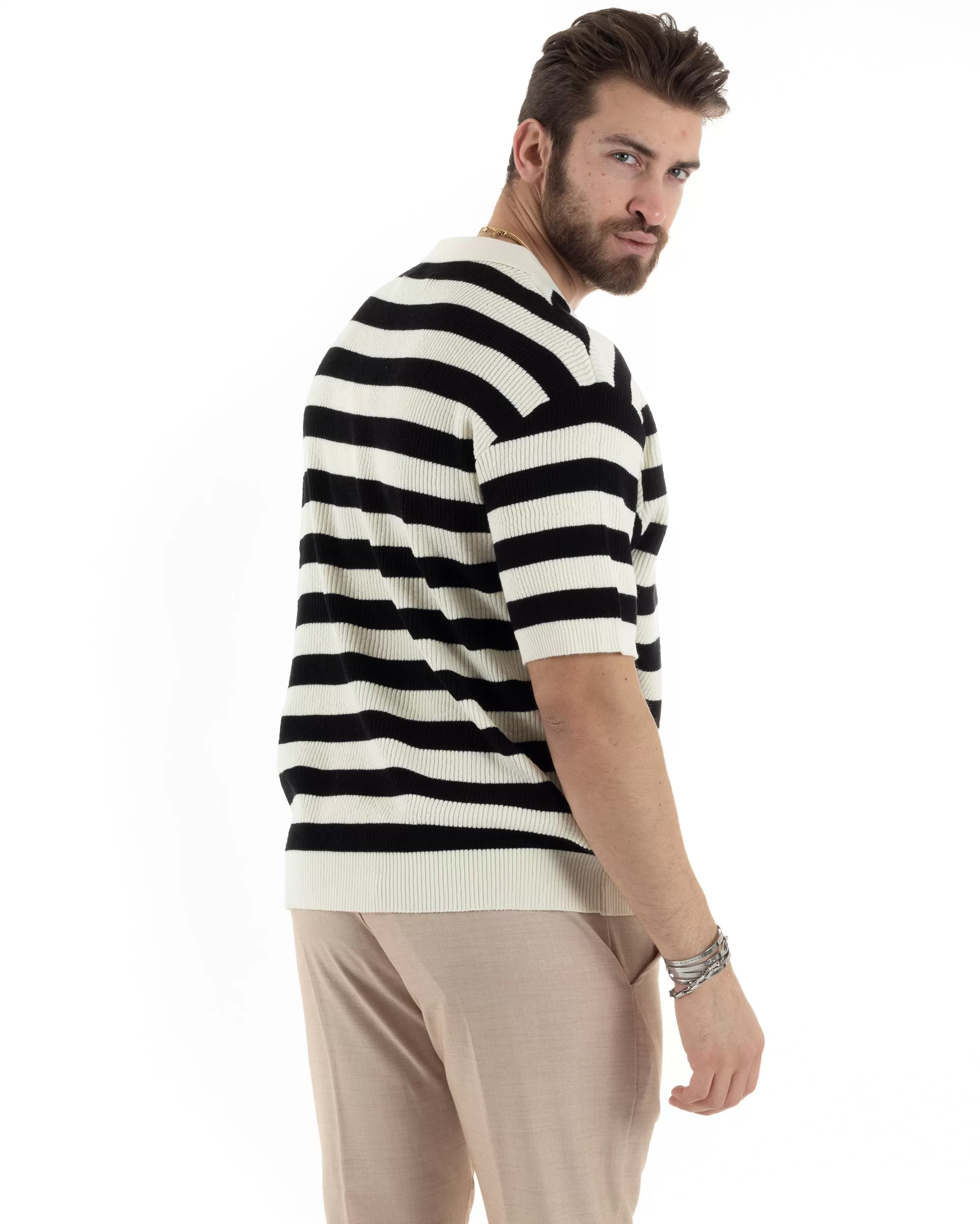 T-Shirt Uomo Maglia In Filo Rigata Nero Maglia Con Colletto Polo Scollo V Casual GIOSAL-TS2994A