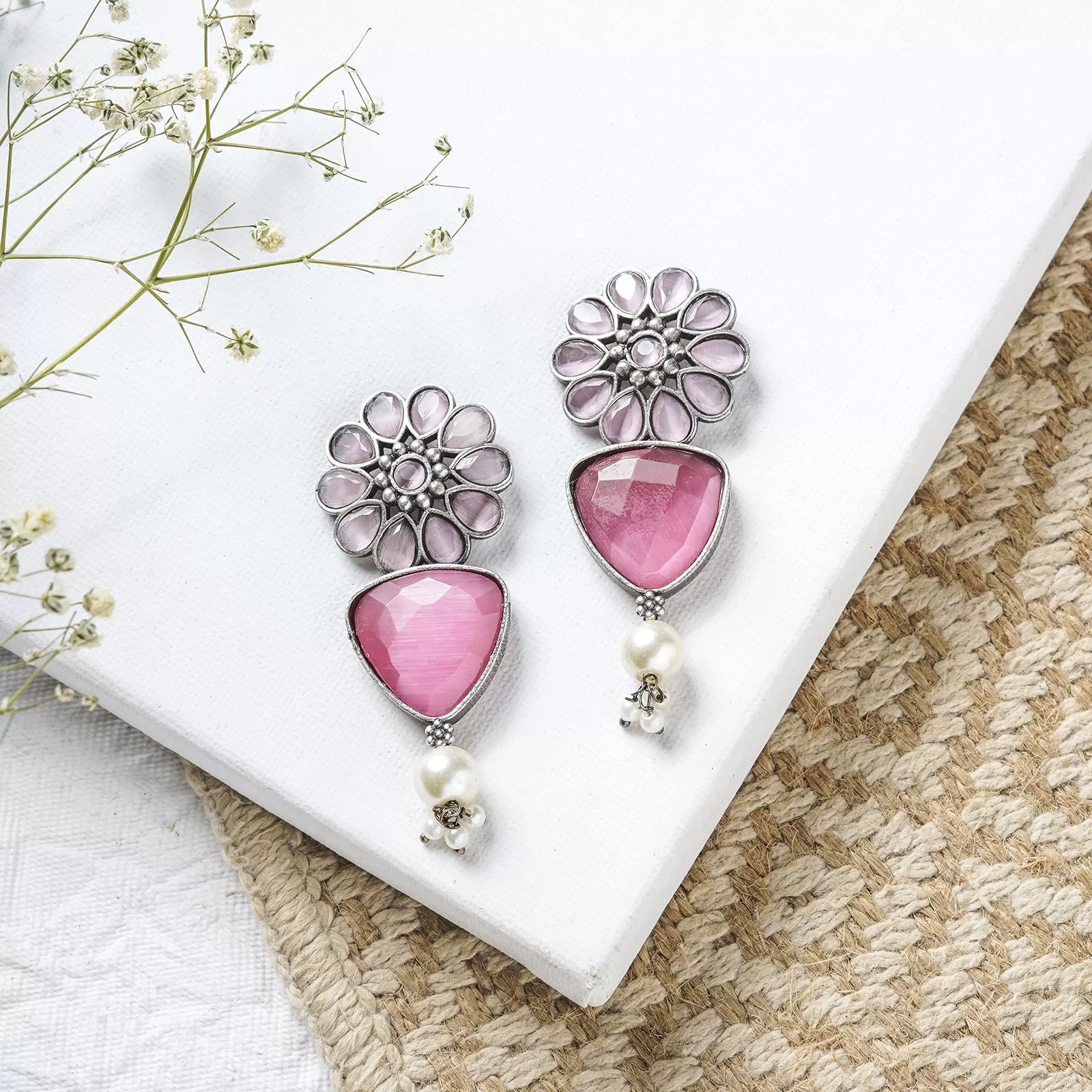 Teejh Ashikaa Pink and White Silver Oxidised Earring