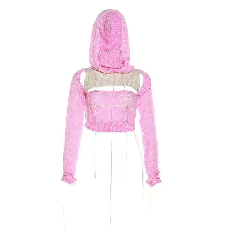 Tie Detail Distress Knitted Crop Top With Hood