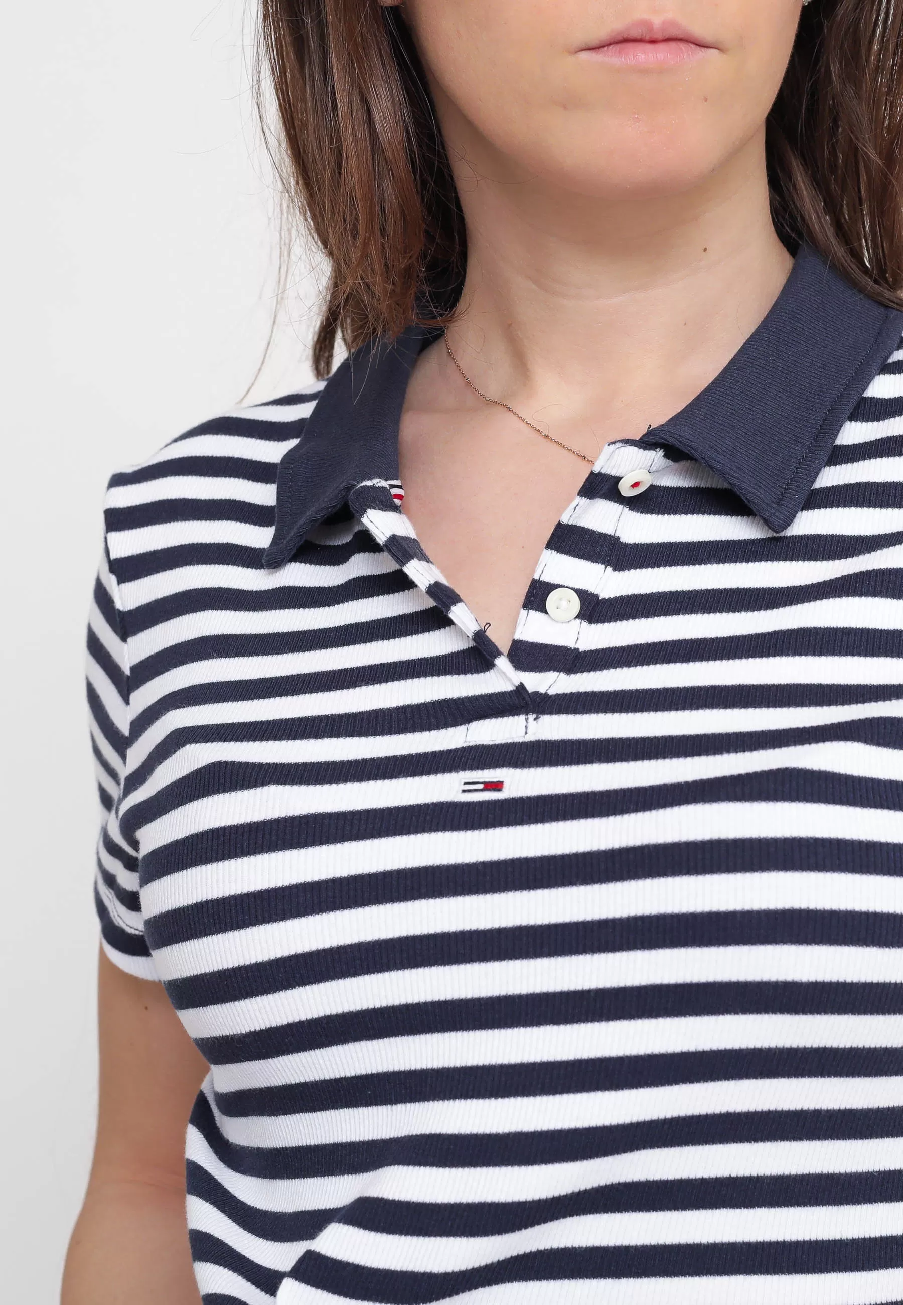 Tjw Ess Crop Stripe Rib Polo - Twilight Navy