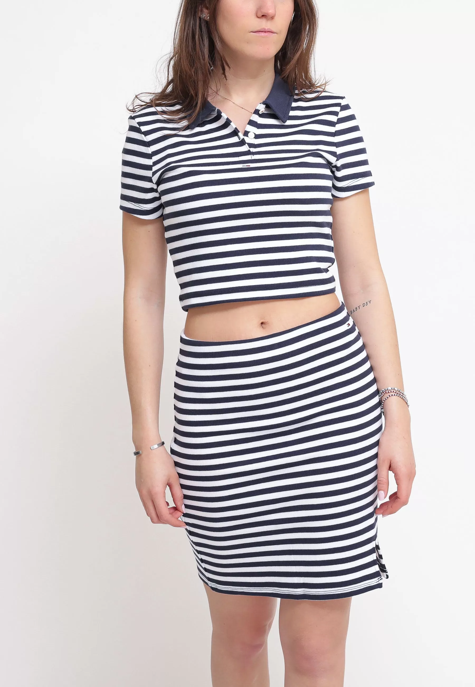 Tjw Ess Crop Stripe Rib Polo - Twilight Navy