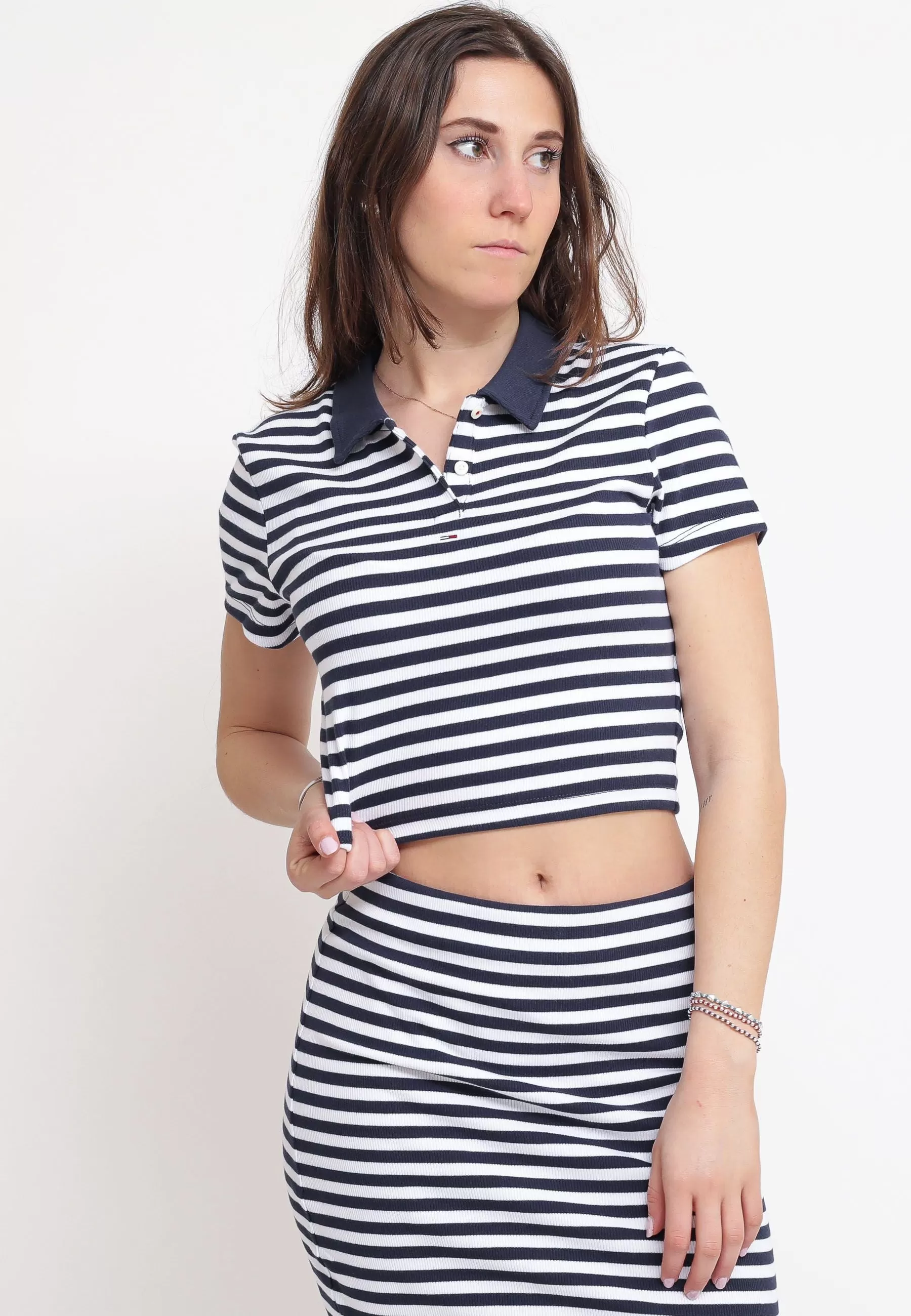 Tjw Ess Crop Stripe Rib Polo - Twilight Navy