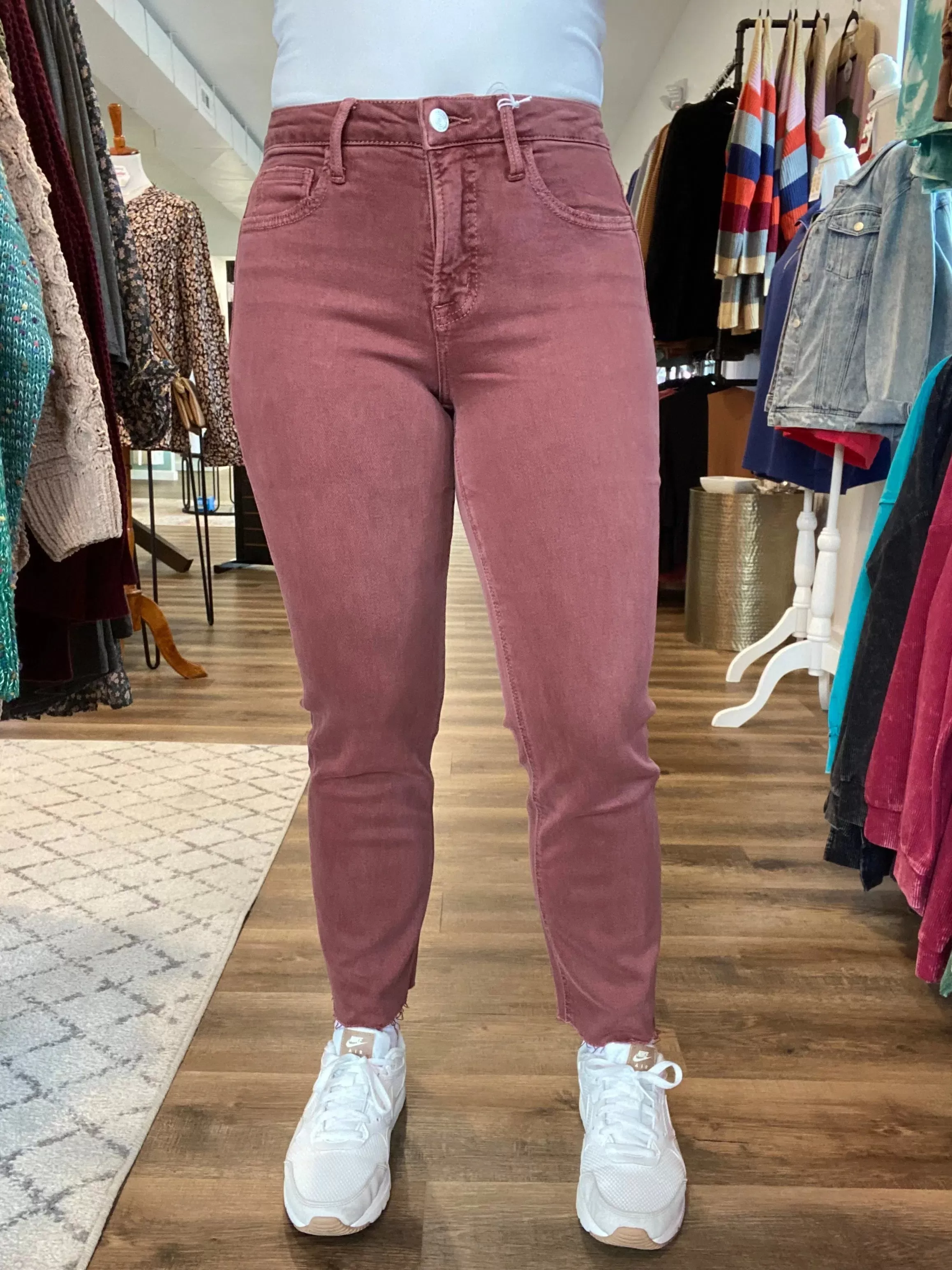 Wine Colored Straight Leg Crop Denim with Tummy Control | Lovervet