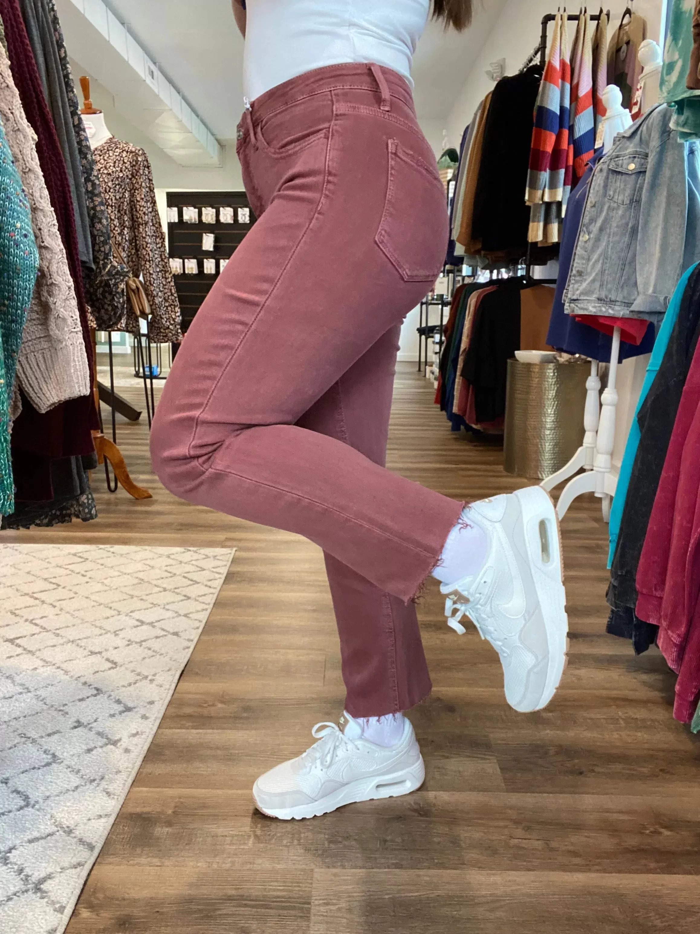 Wine Colored Straight Leg Crop Denim with Tummy Control | Lovervet