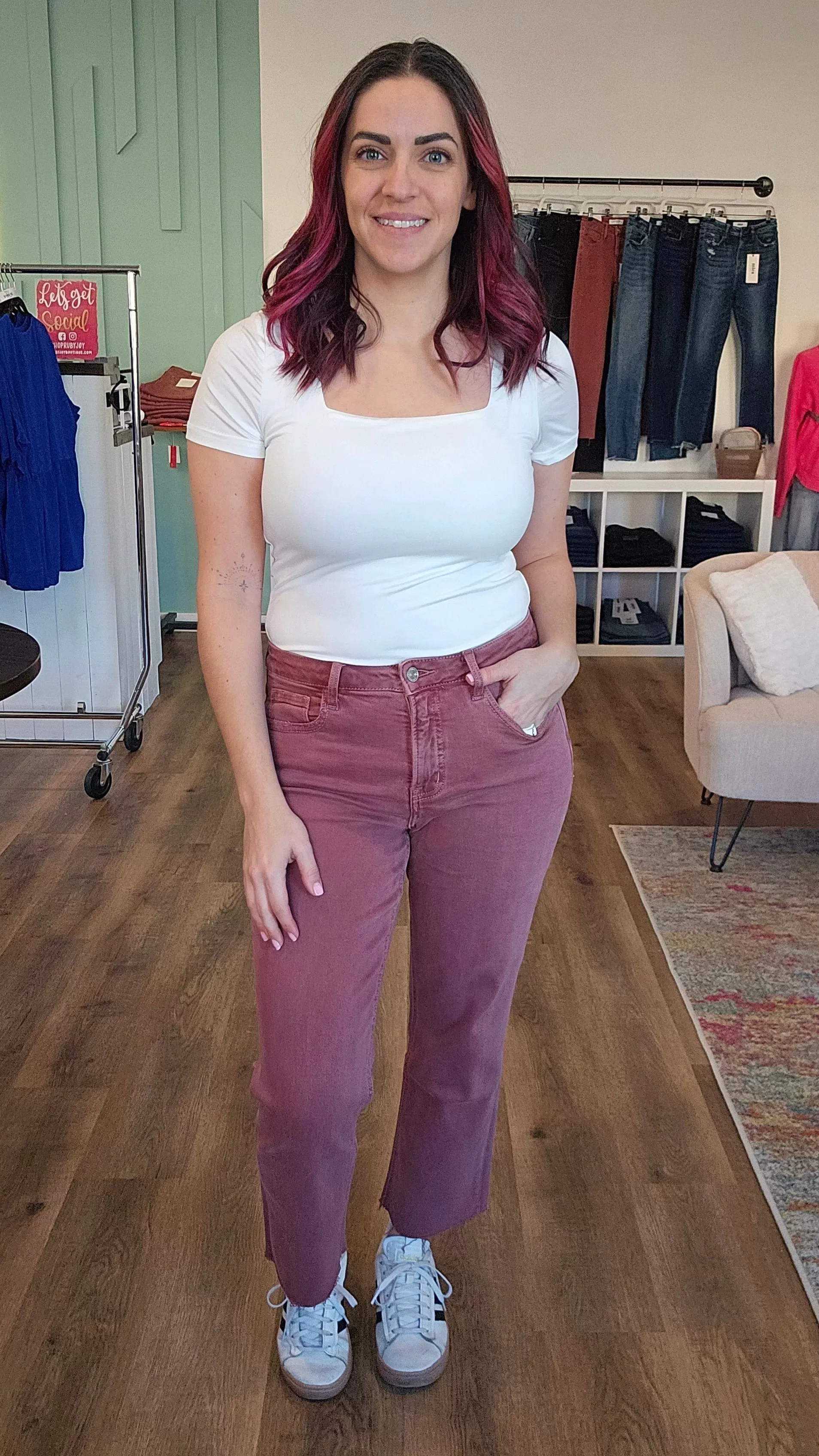 Wine Colored Straight Leg Crop Denim with Tummy Control | Lovervet