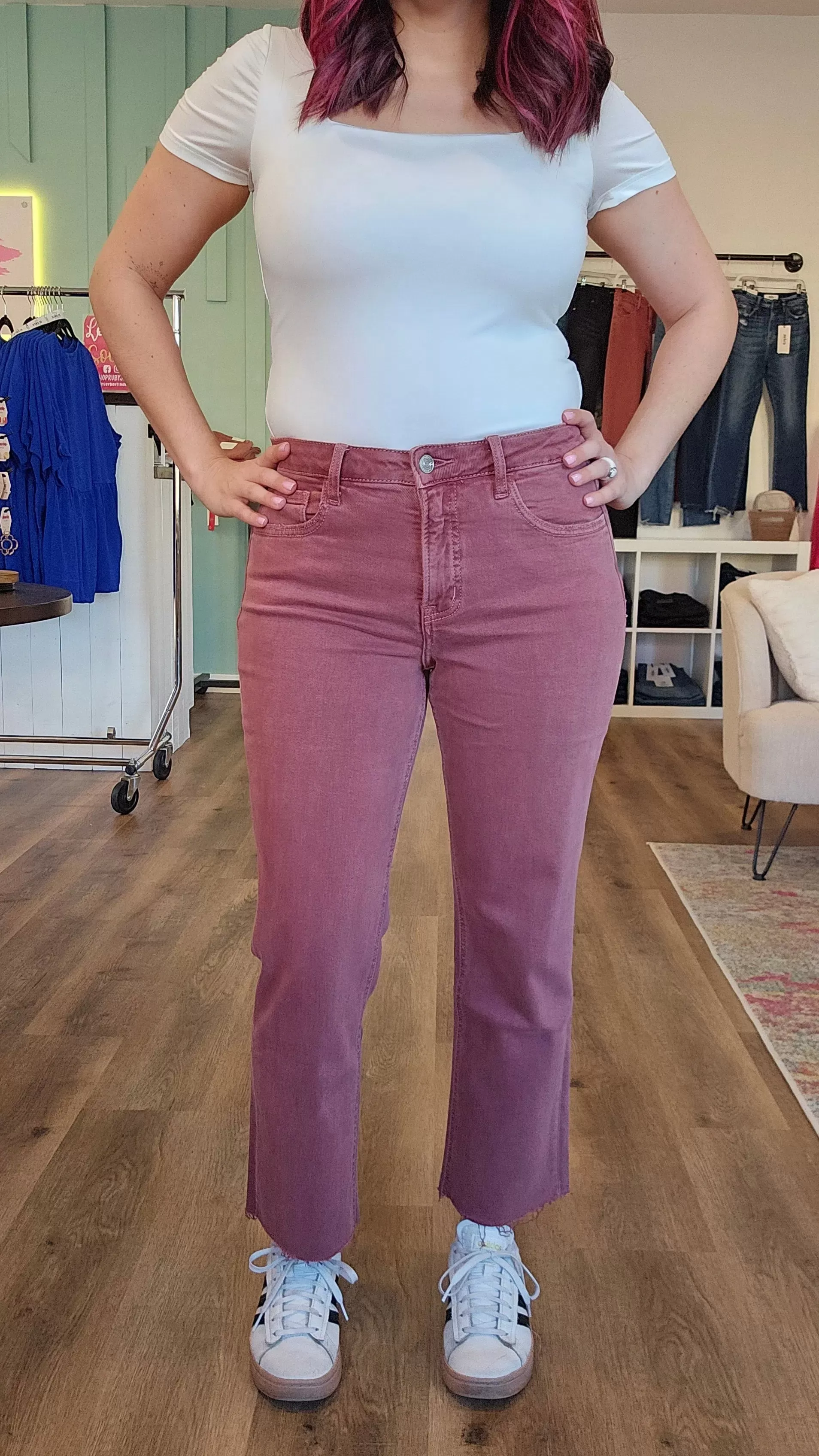 Wine Colored Straight Leg Crop Denim with Tummy Control | Lovervet