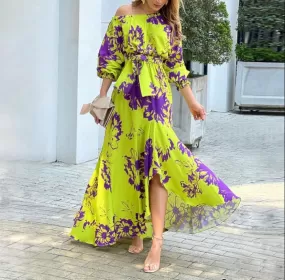 Women Off Shoulder Floral Print Ankle Length Slash Neck Maxi Dress B-58760