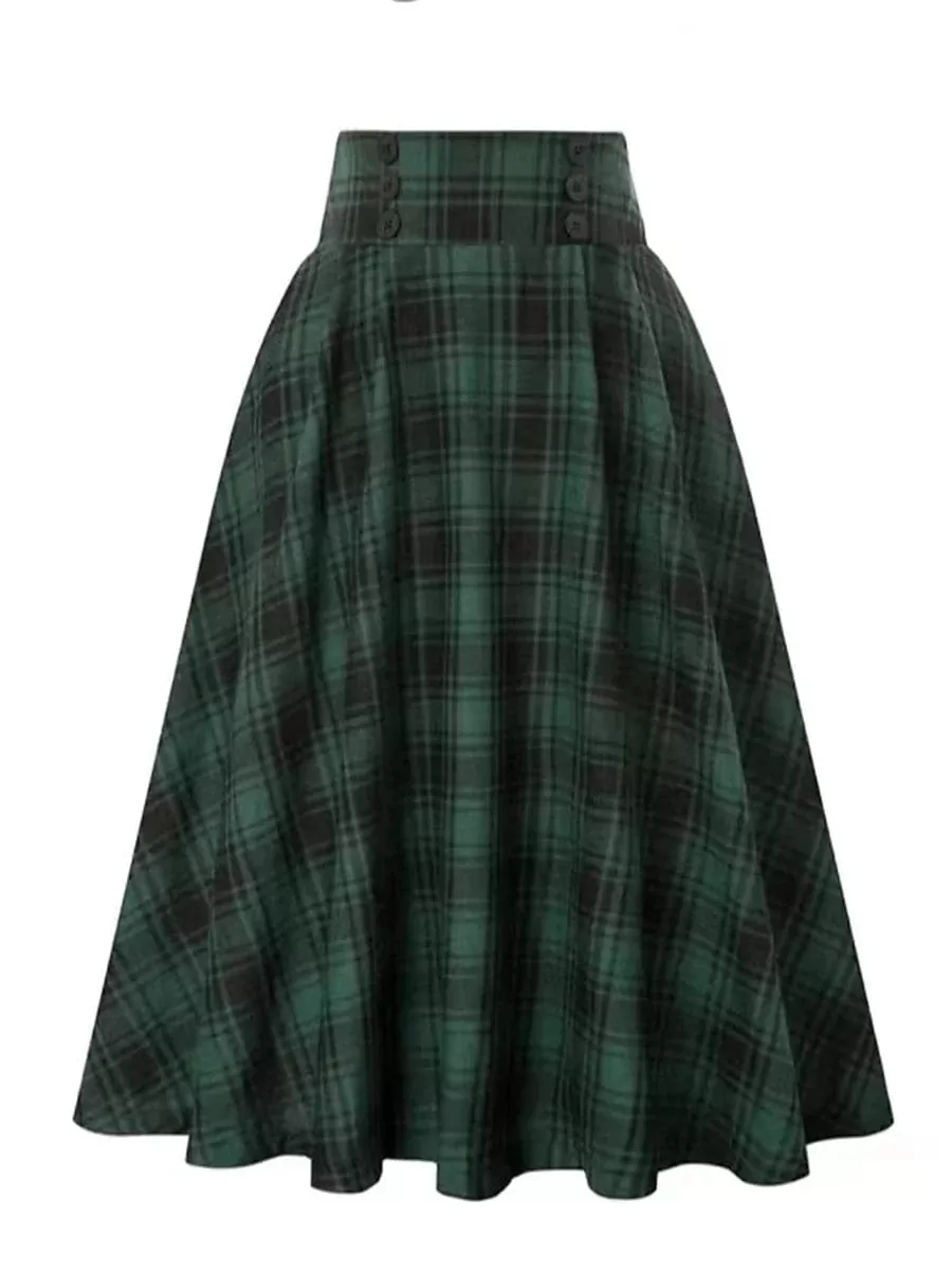 Women's Plaid Print Midi Skirt in Red, Blue, Green, and Khaki - Sizes S, M, L