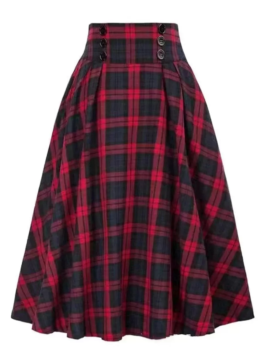 Women's Plaid Print Midi Skirt in Red, Blue, Green, and Khaki - Sizes S, M, L